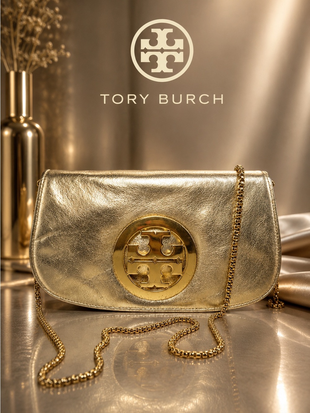 Tory Burch Gold Metallic Reva Logo Clutch Crossbody Chain Bag